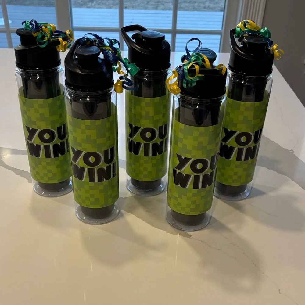 “ YOU WIN!” 5 Pc. Grn & Blk Celebration Thermos Water Bottles 11 In. H/ 8 oz.